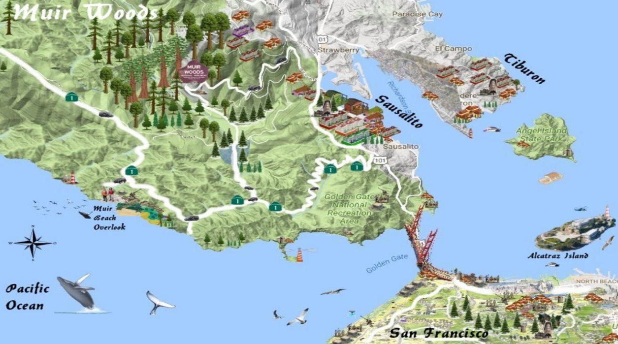 map of Muir Woods road itinerary from Alcatraz